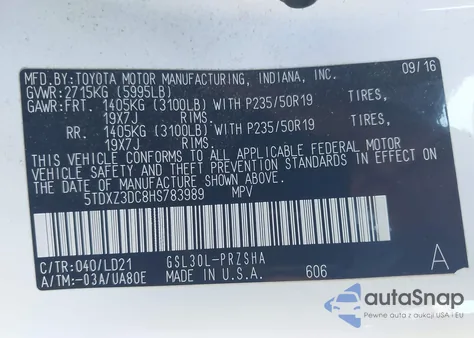 2017 Toyota Sienna Se Premium 8 Passenger z USA, uszkodzony, nr VIN 5TDXZ3DC8HS783989